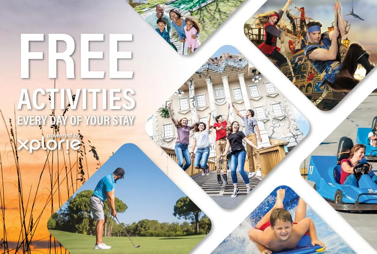 An energetic collage of families and friends enjoying a variety of activities—golfing, swimming, and go-kart racing—showcasing the diversity of amenities and nearby attractions available to winter guests.